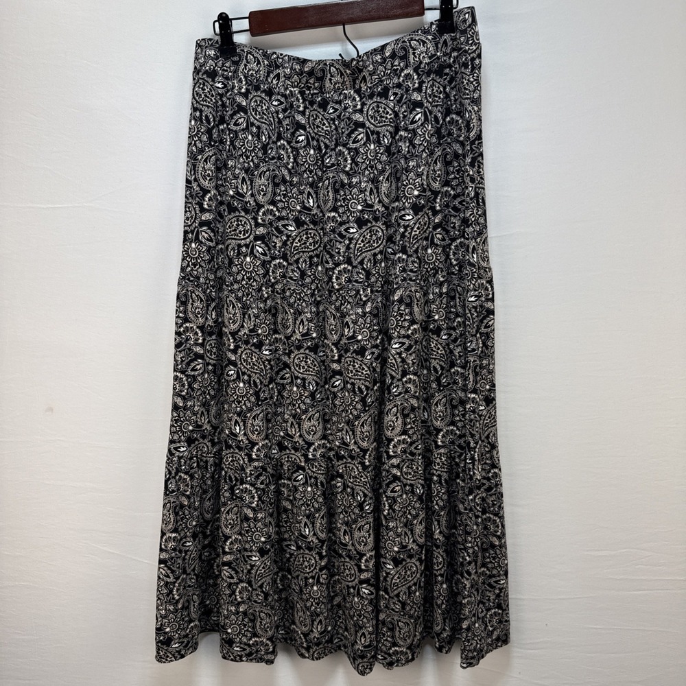 Boden Tiered Maxi Skirt Size 12 Petite Black Beige Floral Paisley Ecovero Jersey - Picture 4 of 6